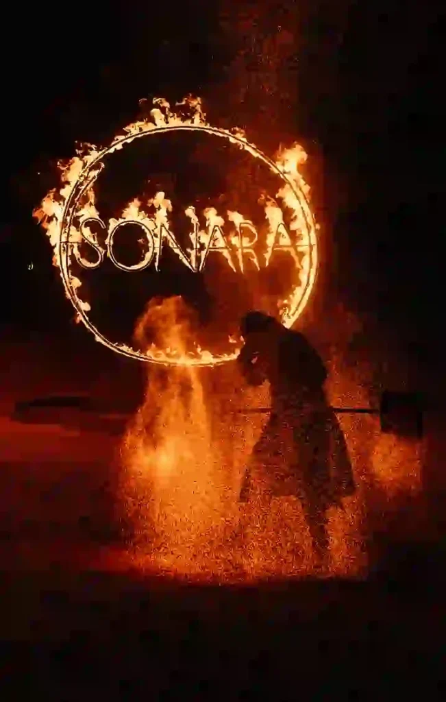 Signature fire show with a fire ring at Sonara Camp during an event