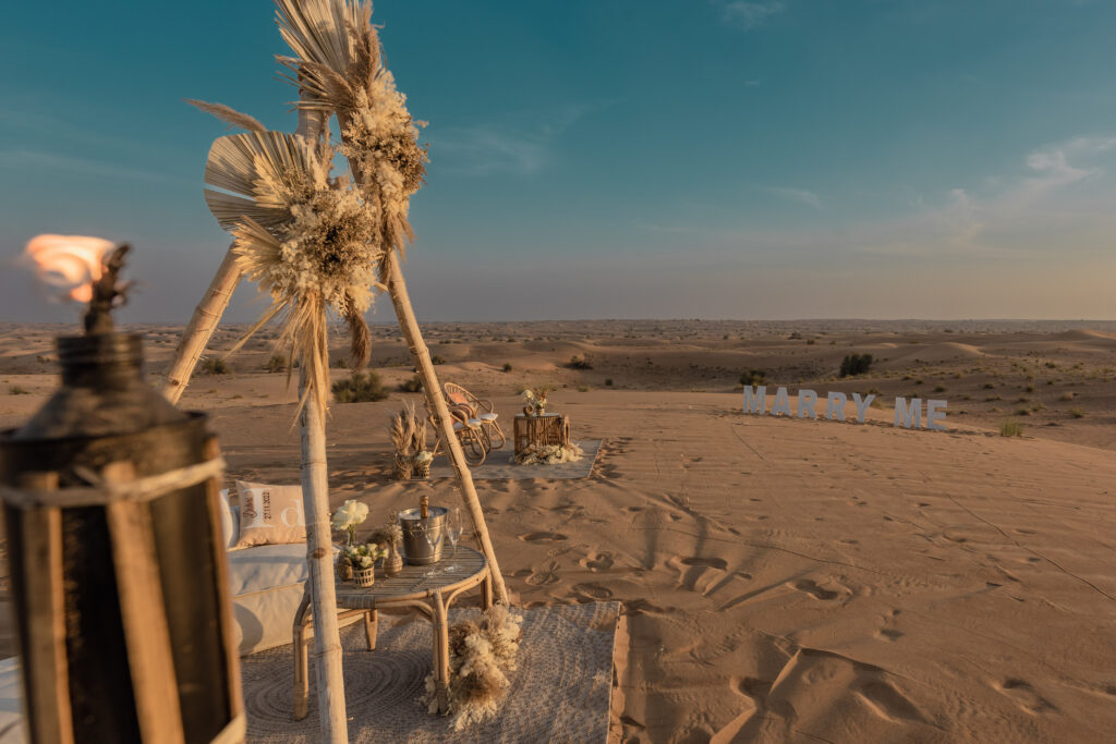 A sunset proposal set-up at Nara desert experiences in Dubai. 