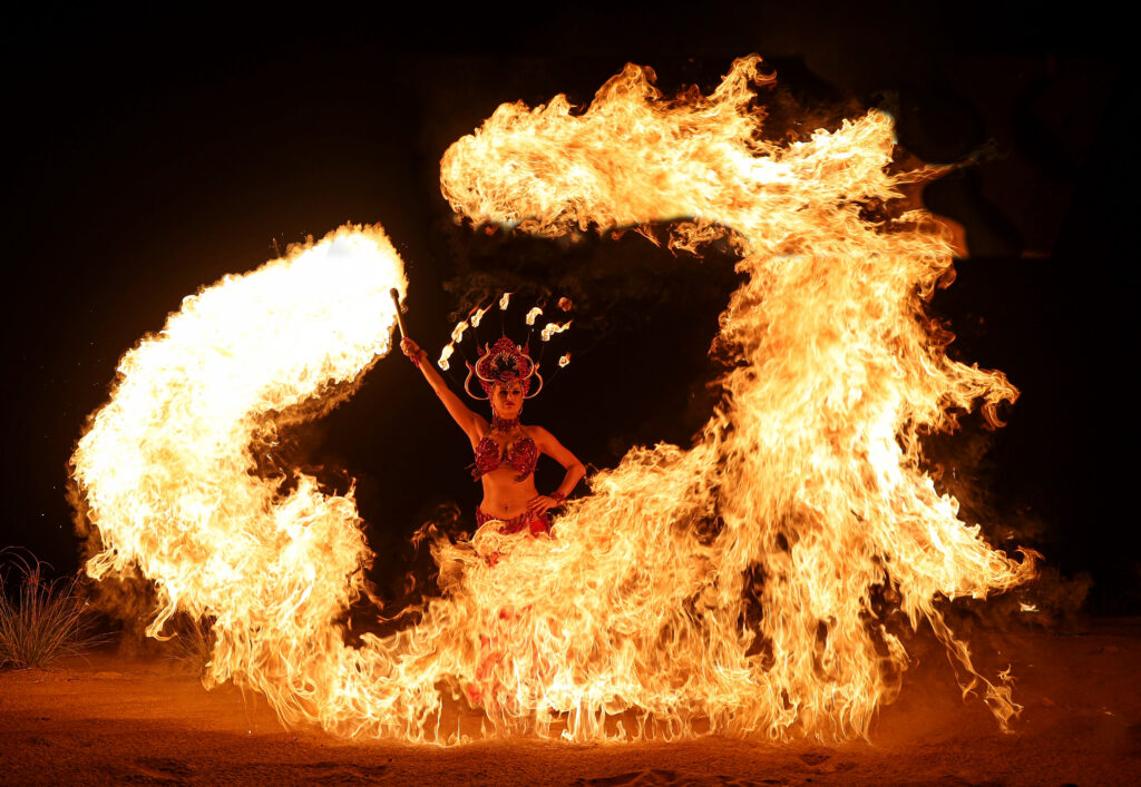 A fire belly dancer at Nara Dubai's Signature Fire Show. 