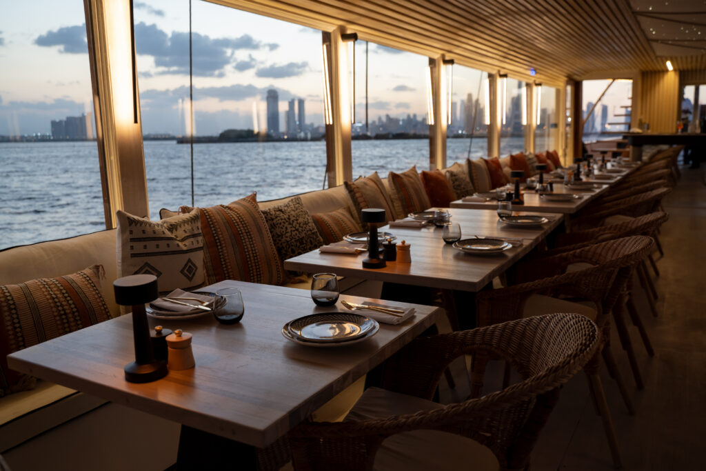The ambience and decor inside the lower deck of Lady Nara in Dubai. 