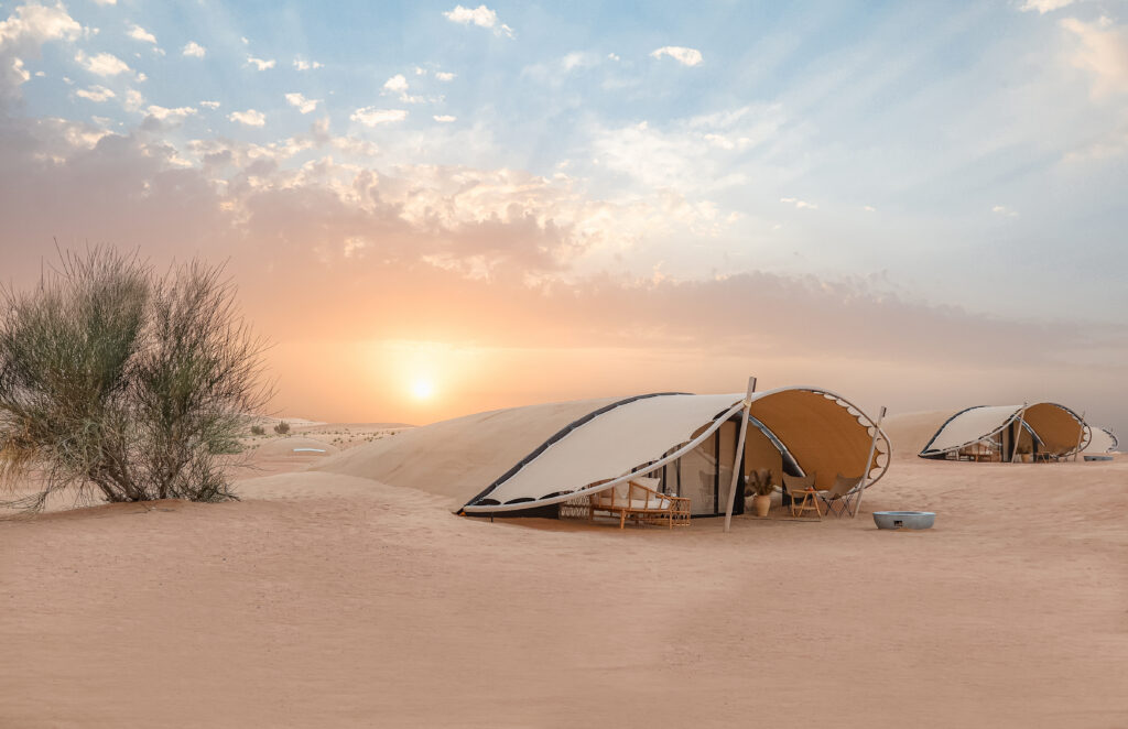The Nest, a Luxury eco-sanctuary retreat in Dubai, at sunrise.