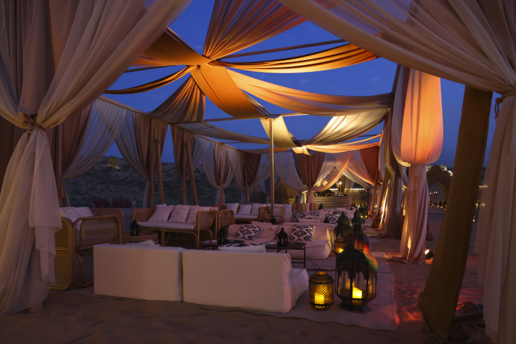 The lounge areas at Nara in the Dubai desert. 