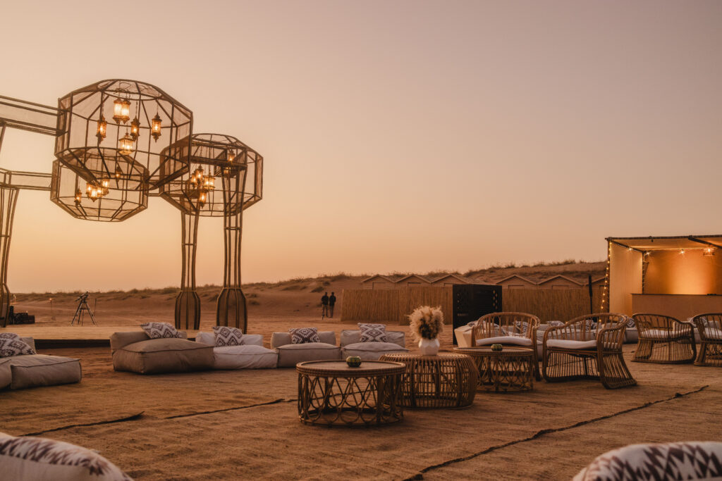 Nara Desert Escape setup at sunset in Dubai. 