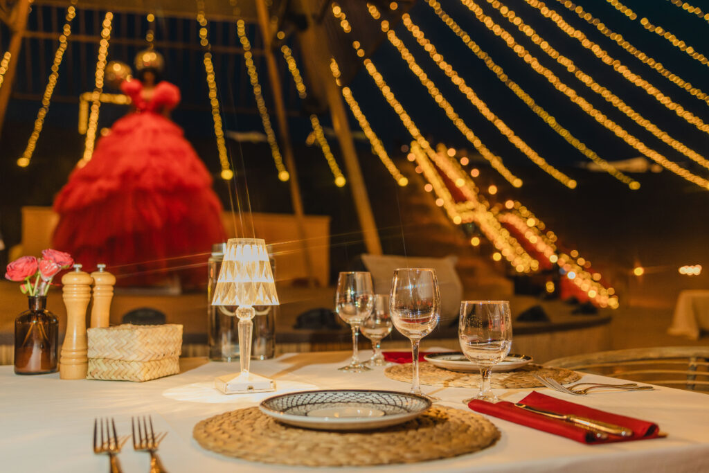 The table set up for a romantic dinner and a show at Sonara Camp in Dubai. 