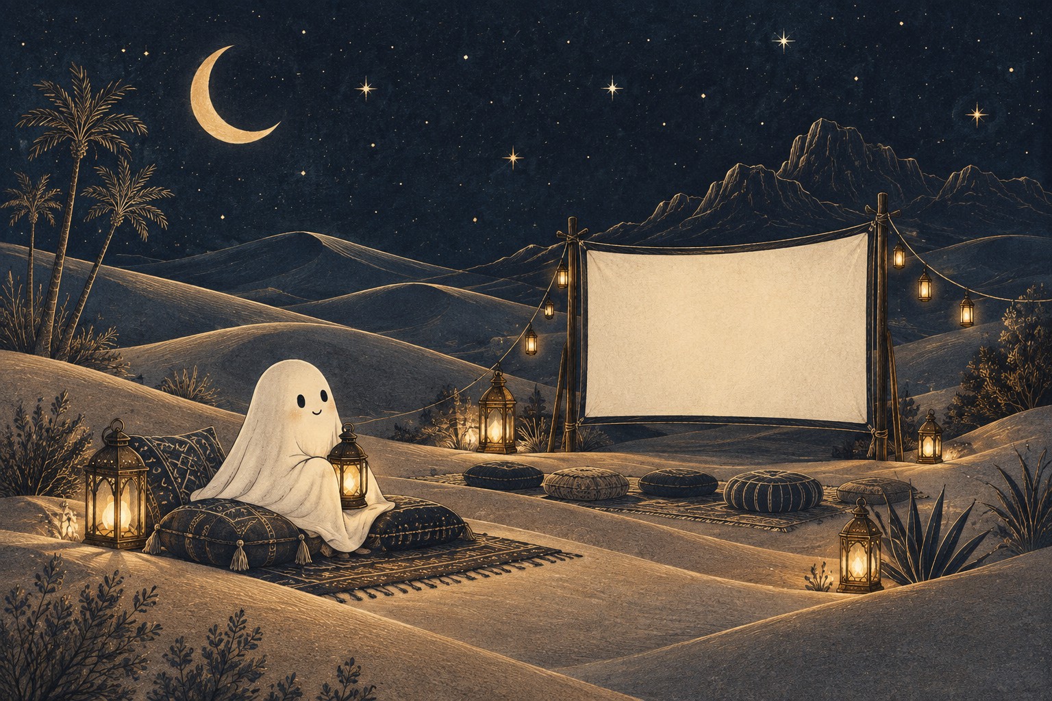Storybook illustration of a friendly little ghost, lanterns and an outdoor cinema beneath a crescent moon